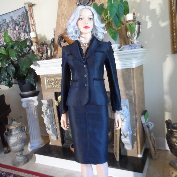 Moschino Black SIlk Blend Skirt Suit w.Ruffle Trim Detail Size US 6 - Picture 1 of 16